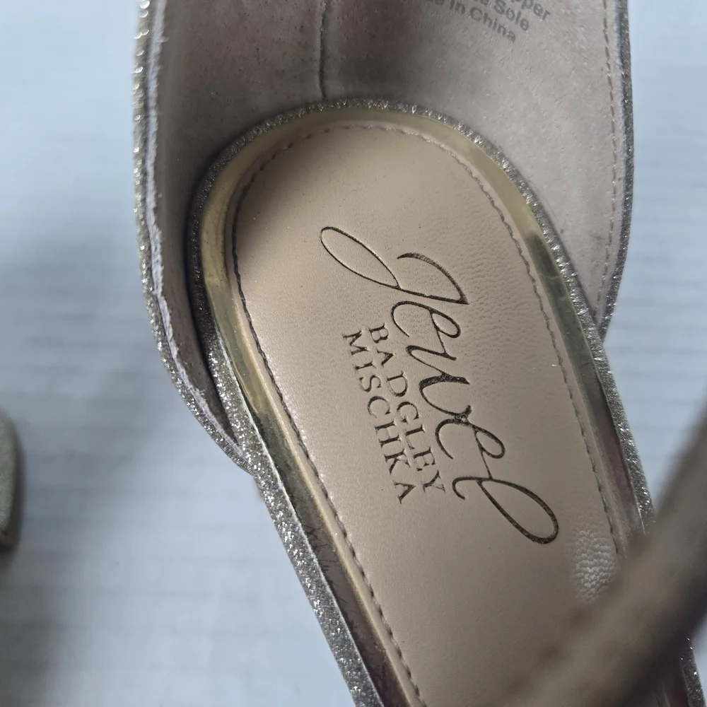 Jewel Badgley Mischka Giona Gold Jeweled Ankle Strap Block Heels Size 8 - Picture 10 of 15